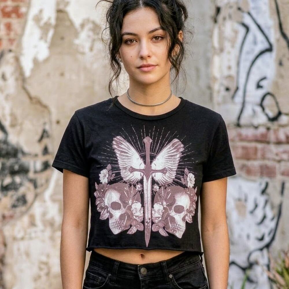 Hot Topic Womens Size Small Black Crop Top T-Shirt Skulls Sword Wings Floral...